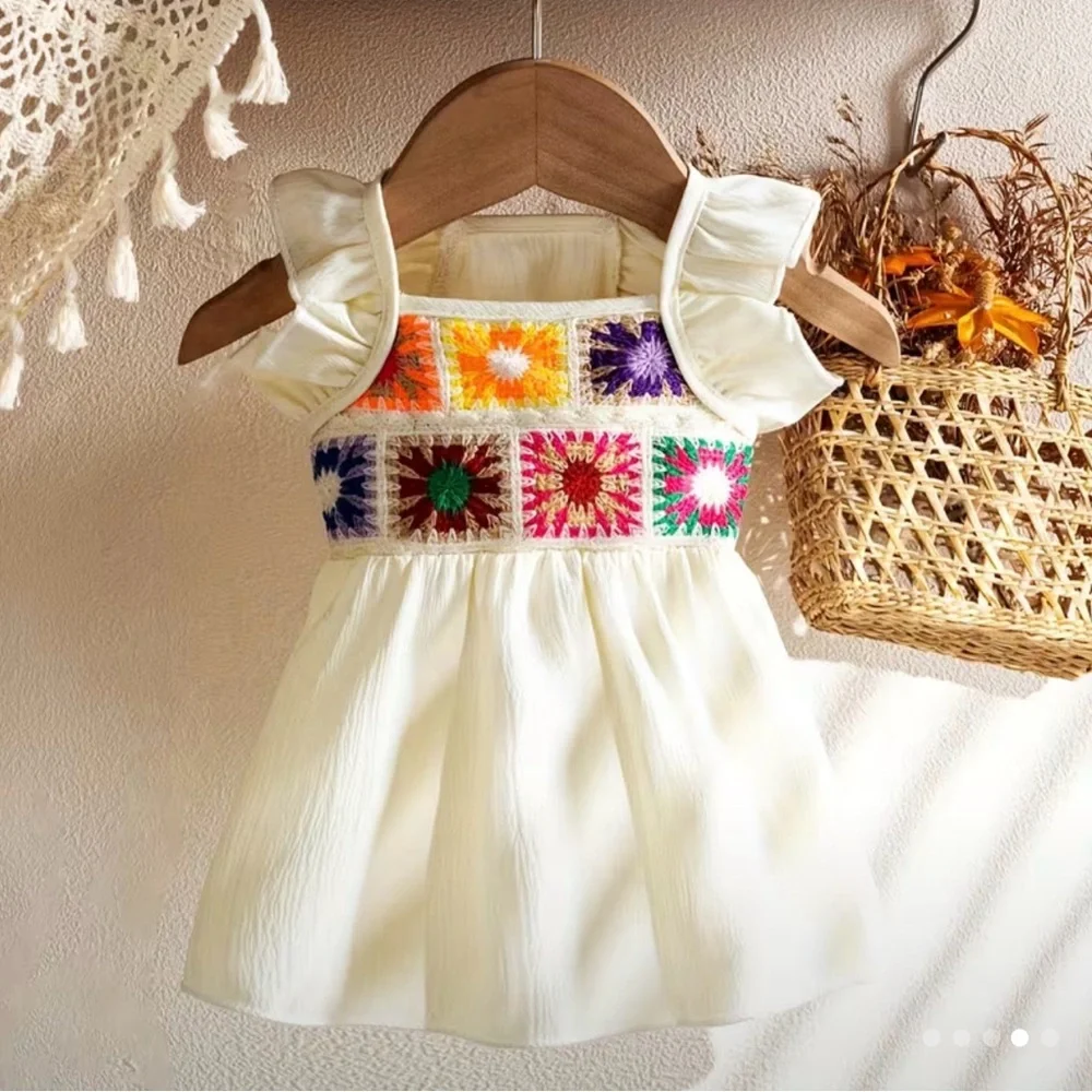 Pet Dog or Cat Sun Floral Summer Dress with Multicolor Crochet Band